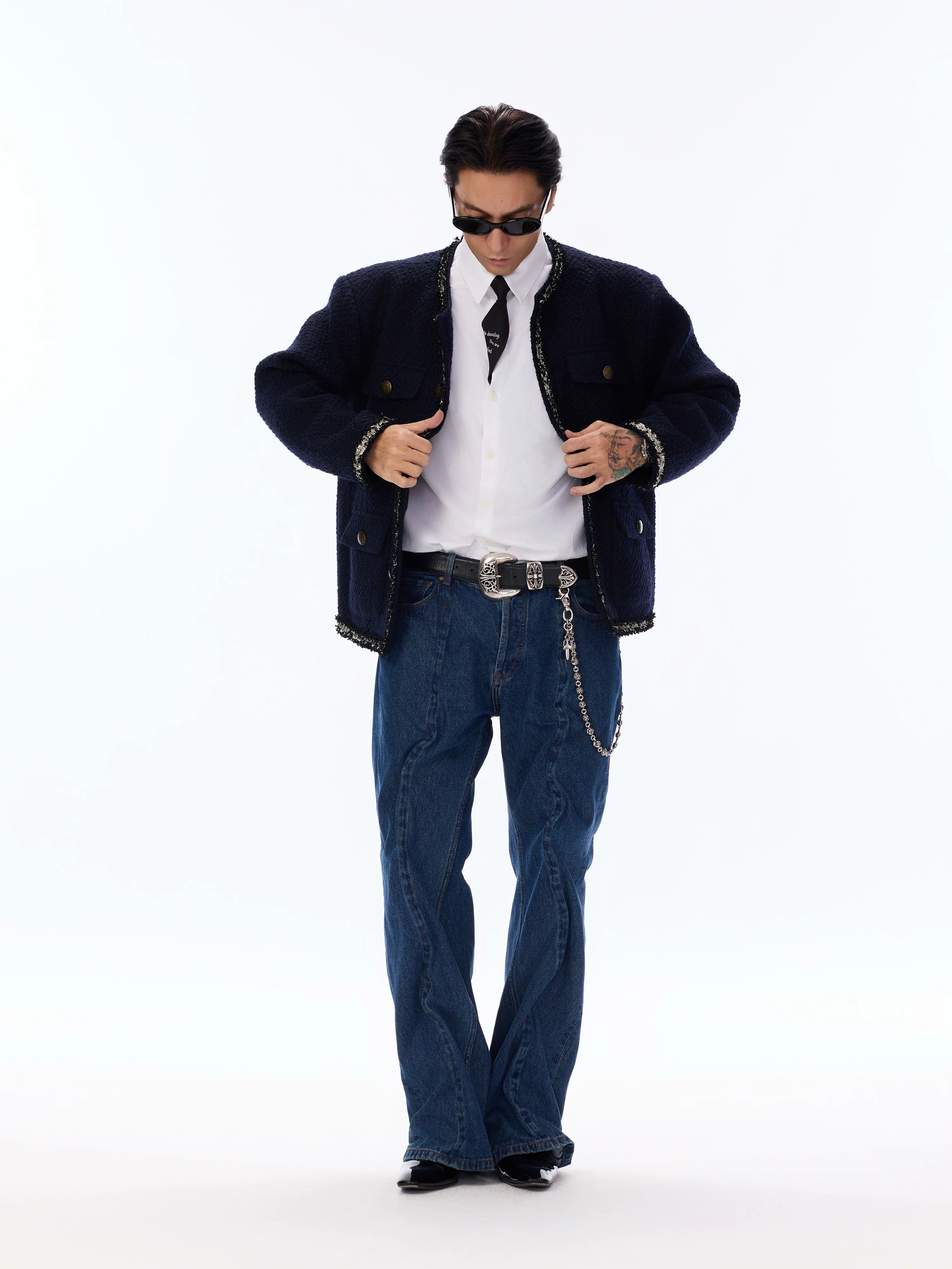 Wool Blend Navy Blue Tweed Coat