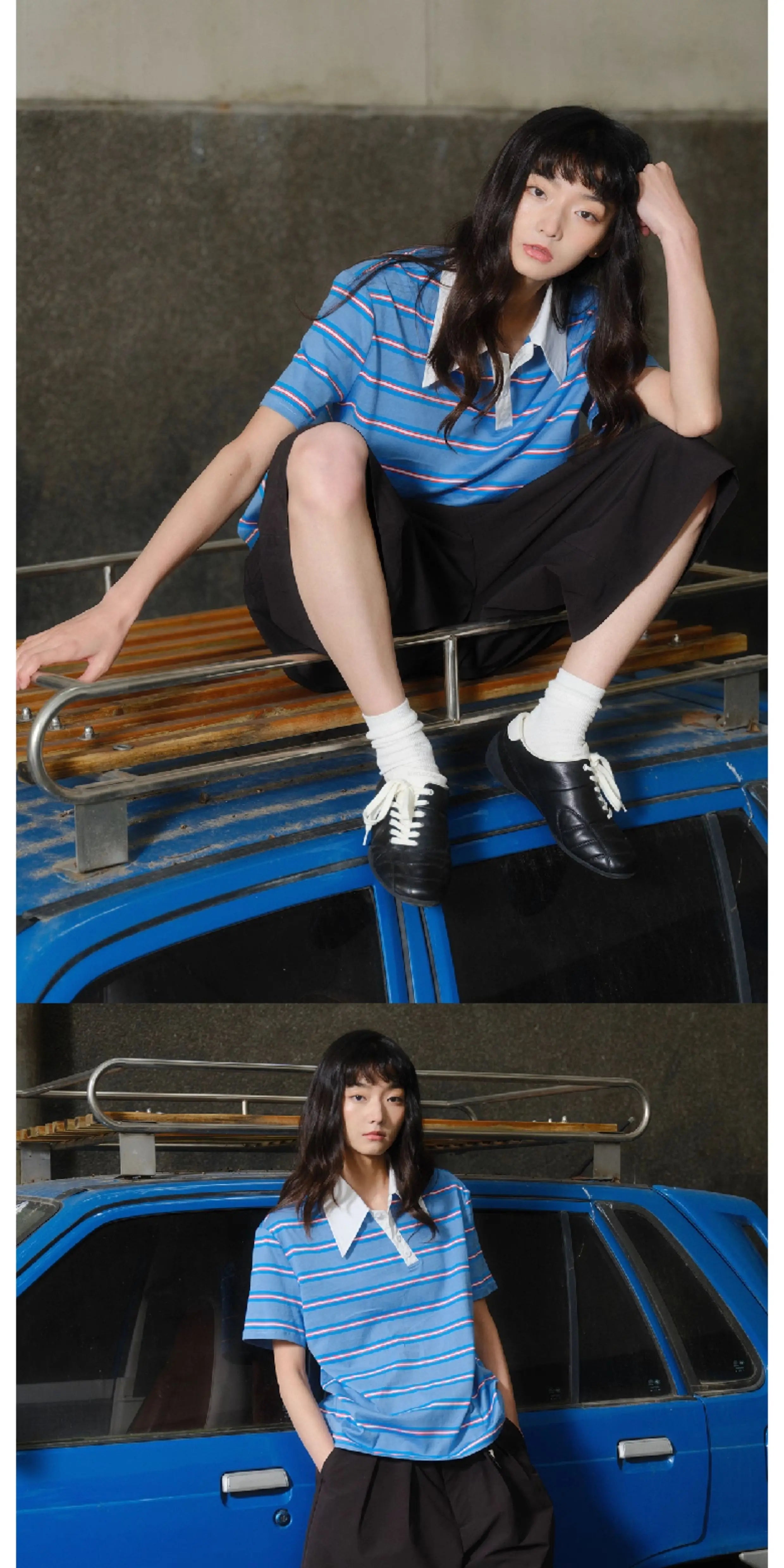 Asymmetric Collar Cropped Slit Polo Shirt
