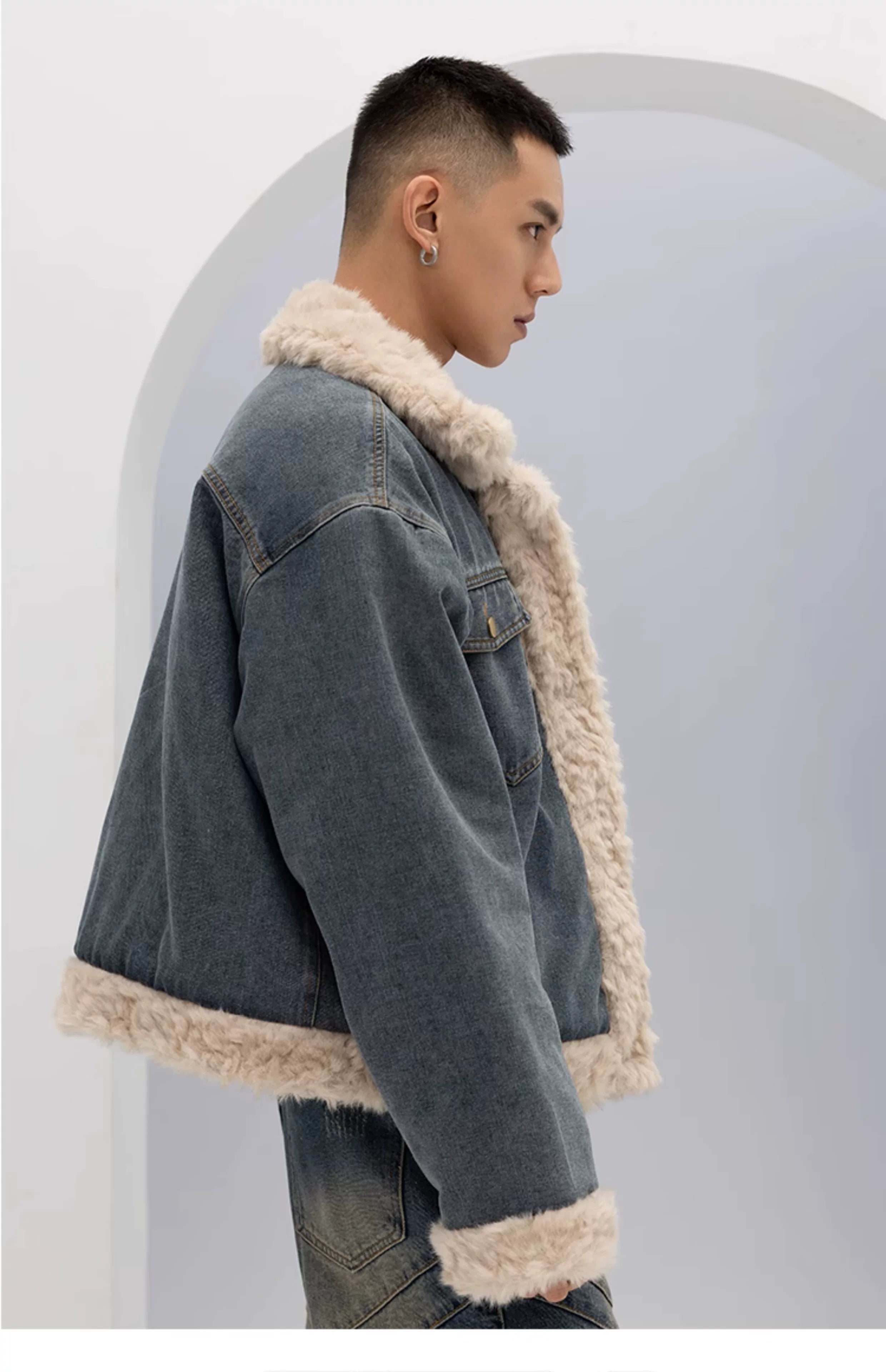 Unisex Vintage Faux Shearling Denim Puffer