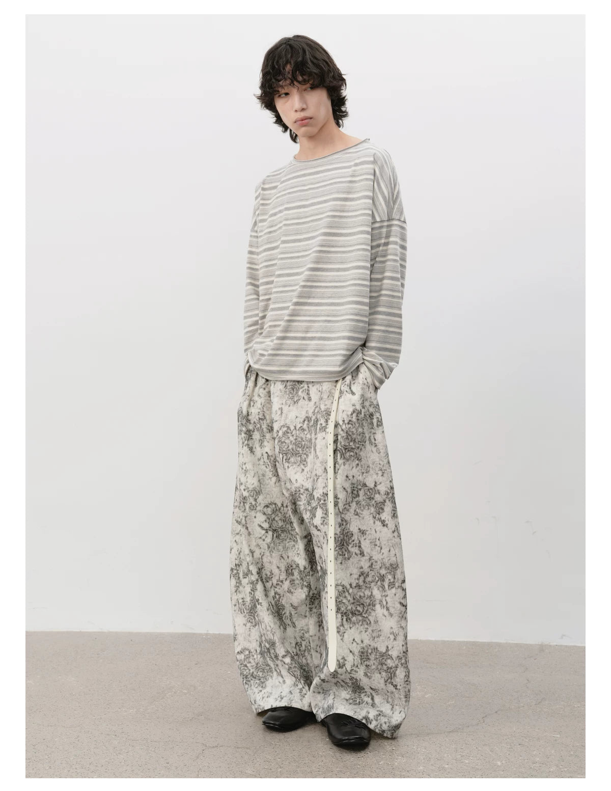 Striped Roll Cuff Drop Shoulder Top