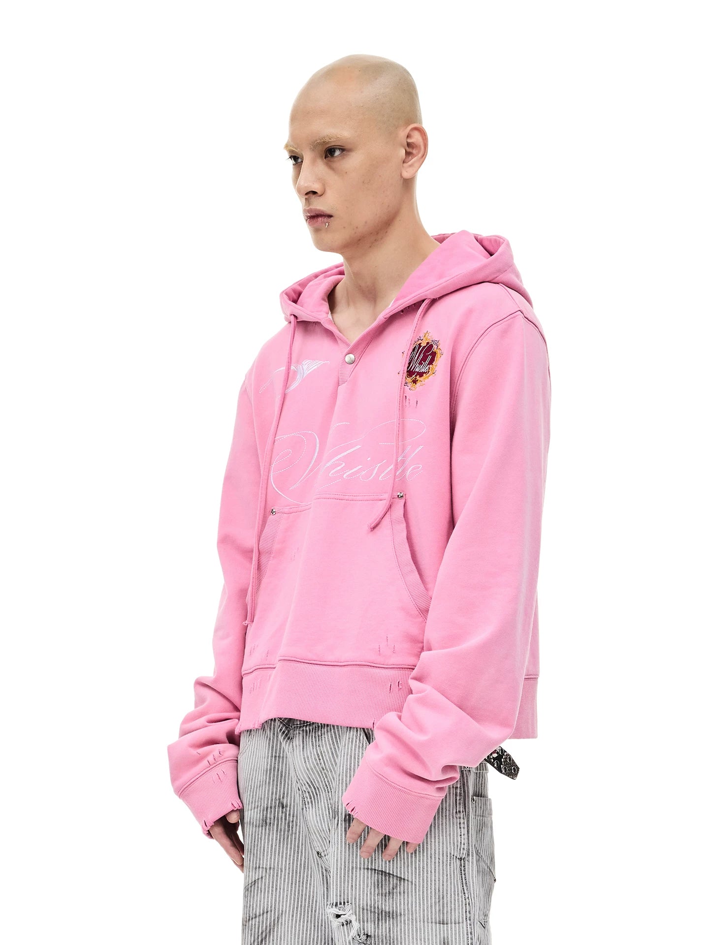Distressed Embroidered V-Neck Cropped Wide Hoodie