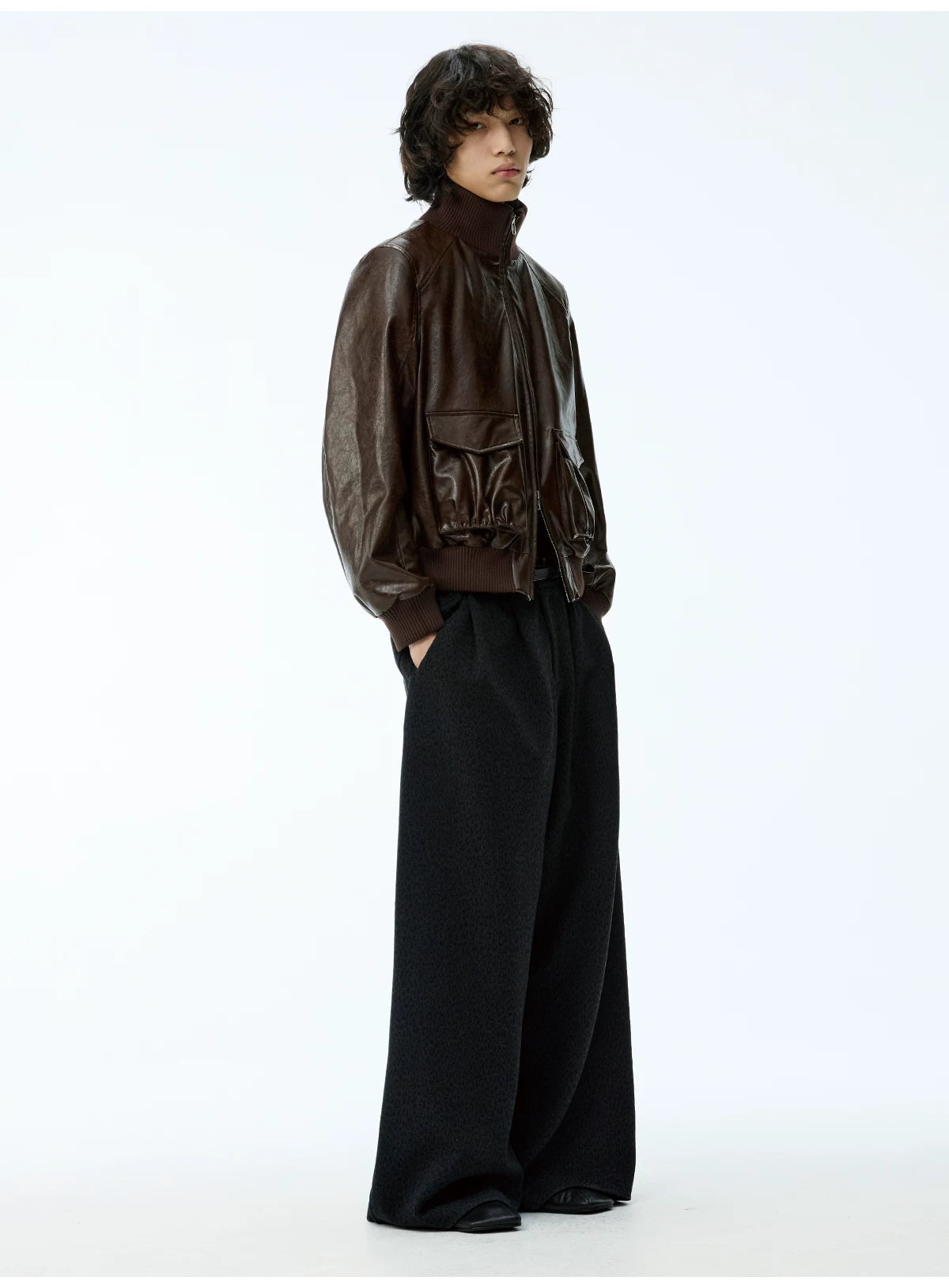 Cropped Double Zipper Waxed Leather Jacket