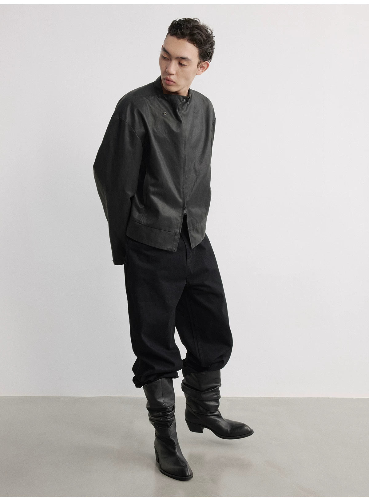 Leather Jacket With Irregular Snap Collar