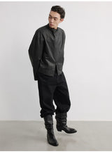 Leather Jacket With Irregular Snap Collar