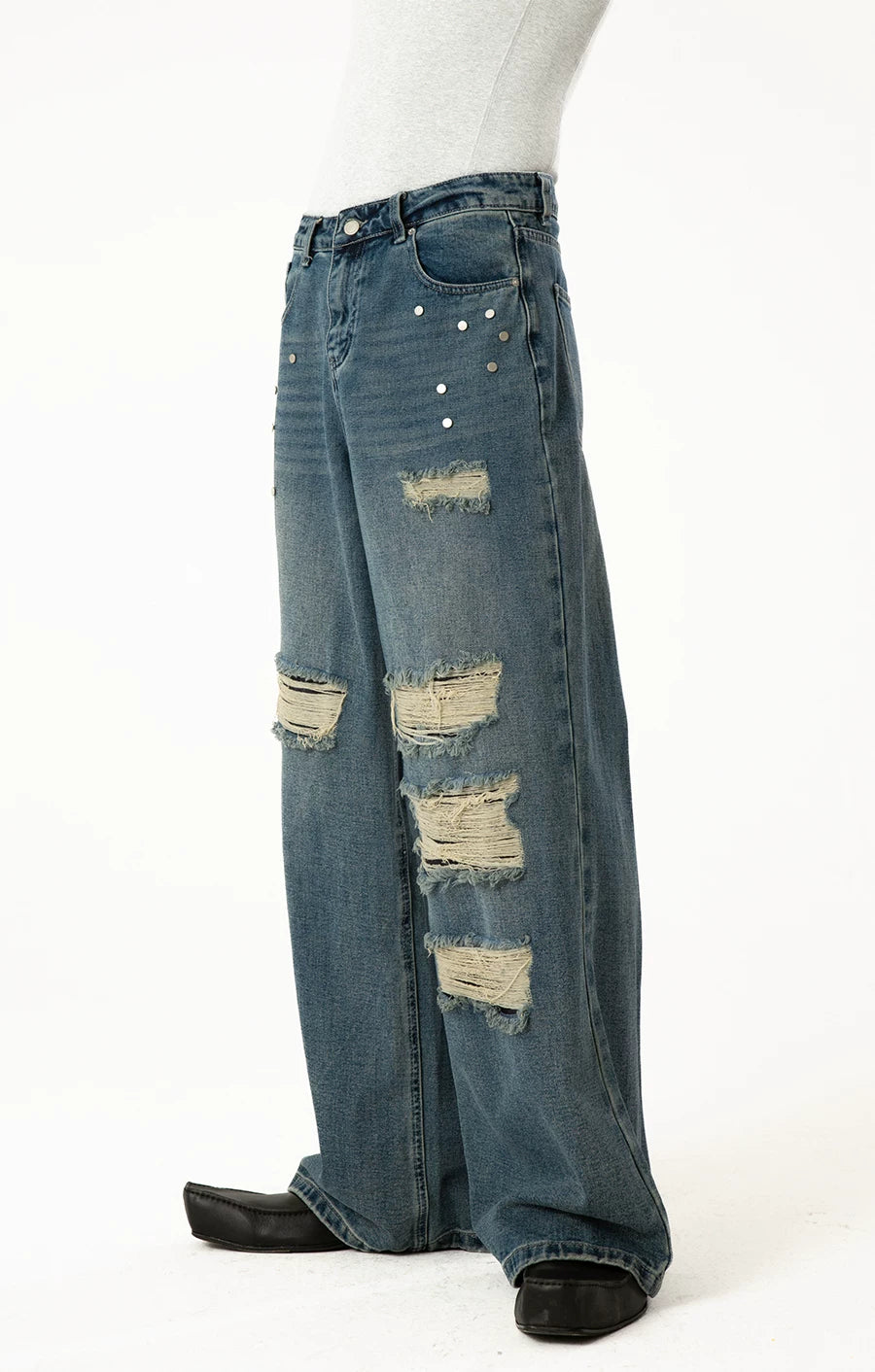 Men's Blue Distressed Riveted Straight Jeans
