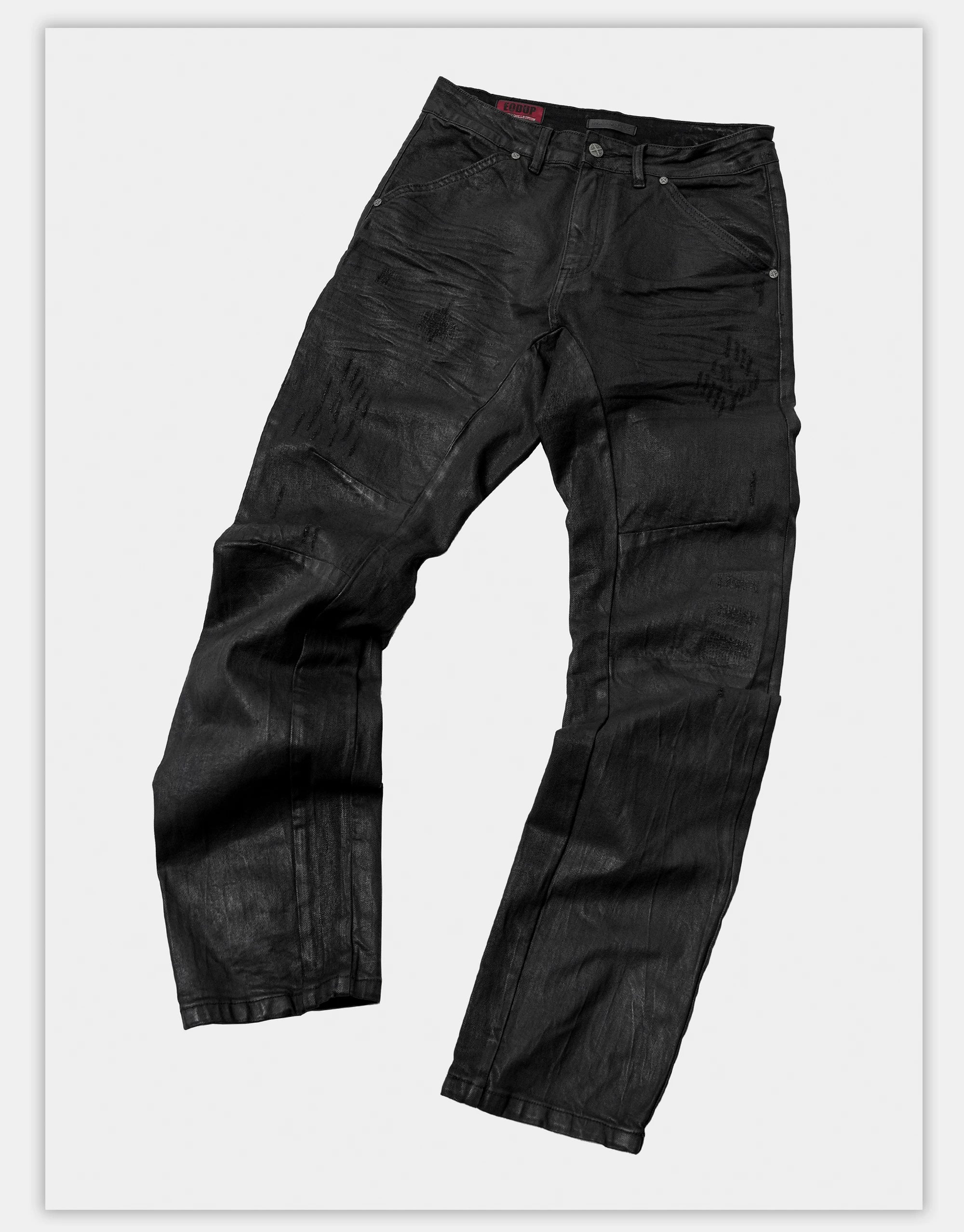 Waxed Distressed Curved Slim Jeans