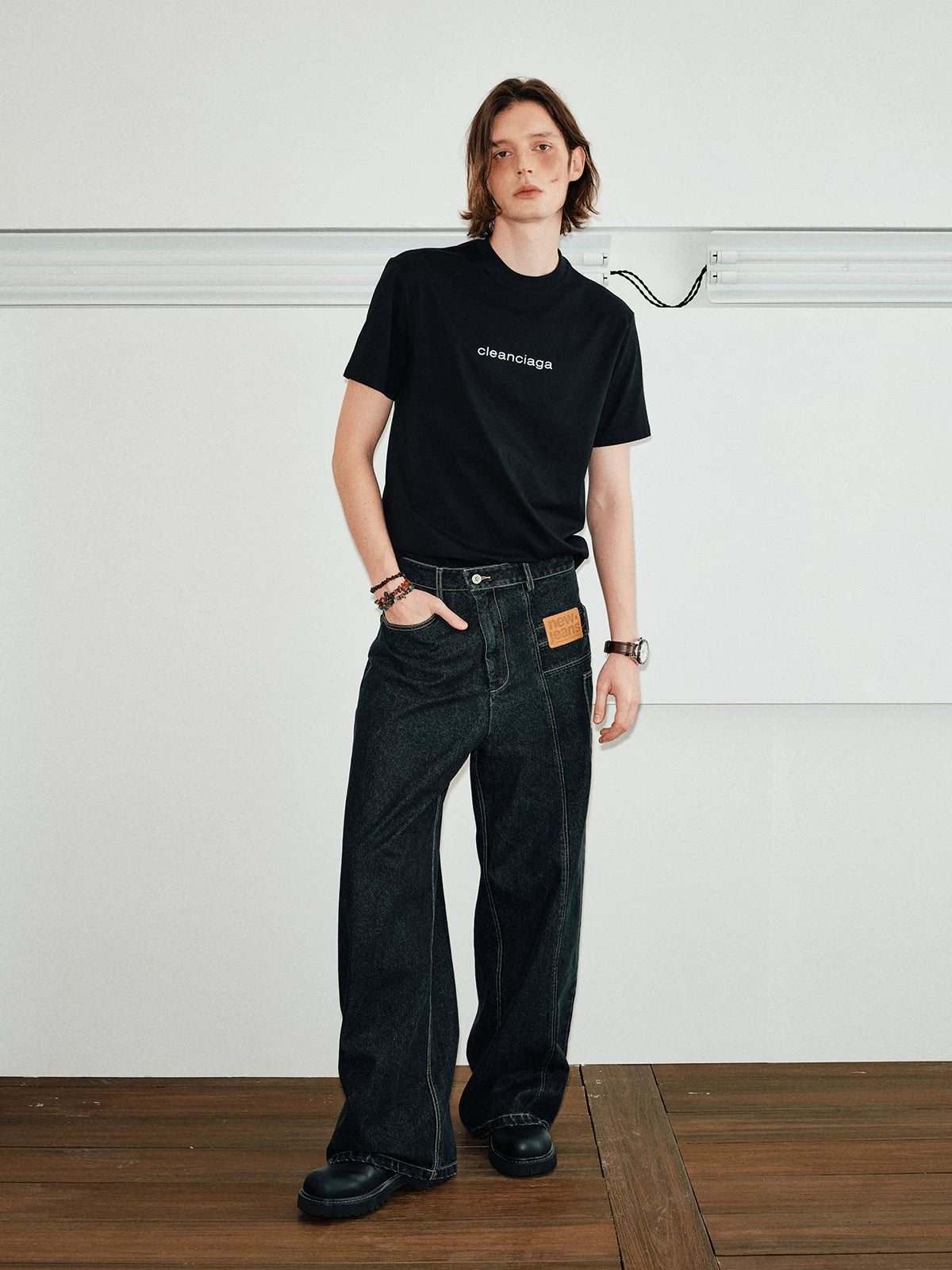 Men's Color-block Loose Raw Denim Jeans
