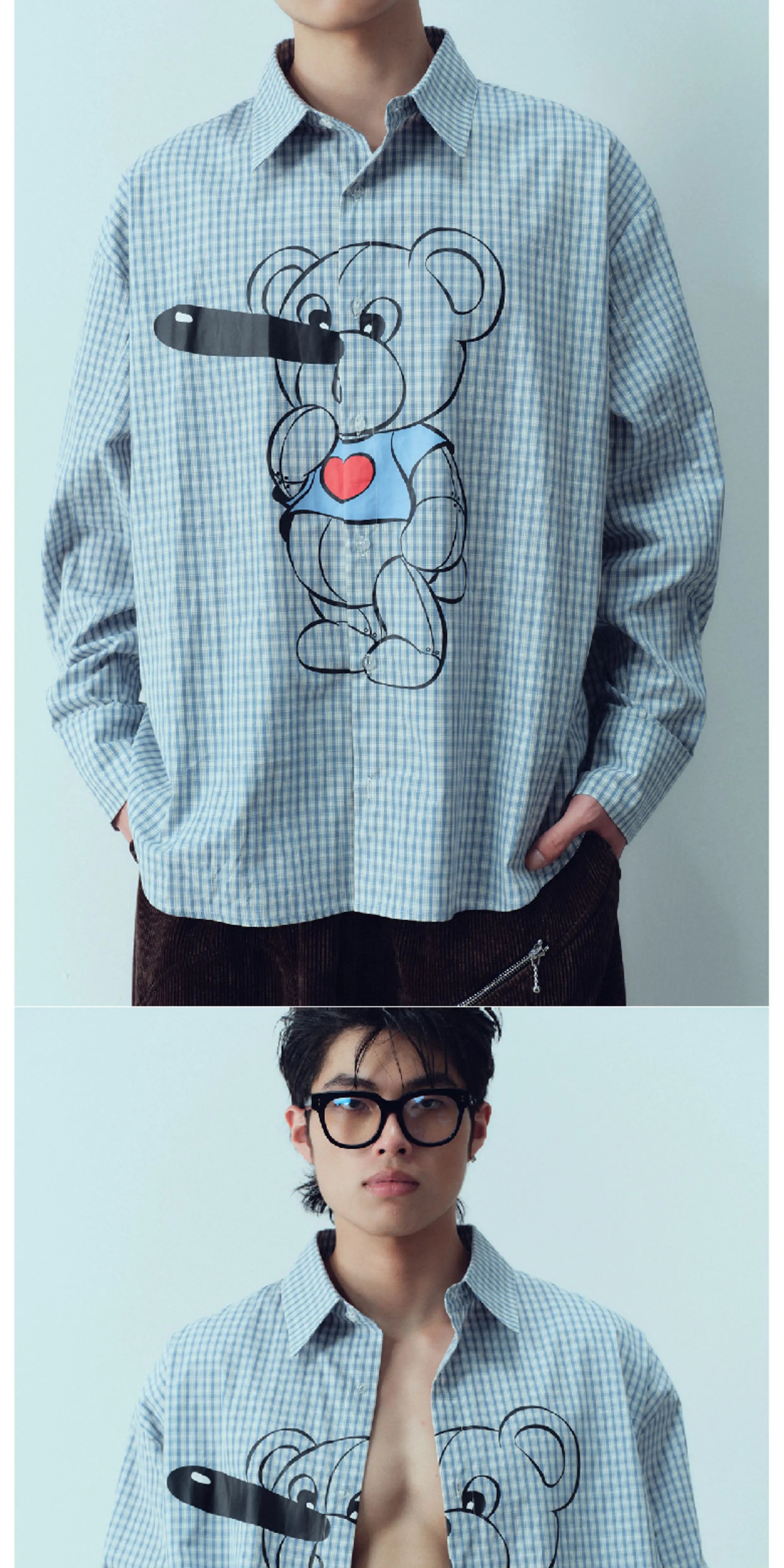 Retro Plaid Pinocchio Bear Print Shirt