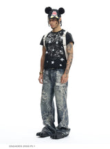 Ripped Spider Embroidered Straight Jeans