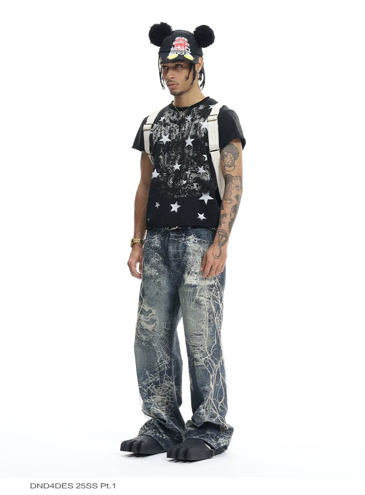 Ripped Spider Embroidered Straight Jeans