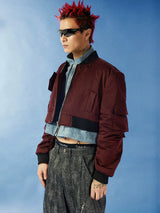 Cropped Two-Piece Maroon Denim Bomber Jacket
