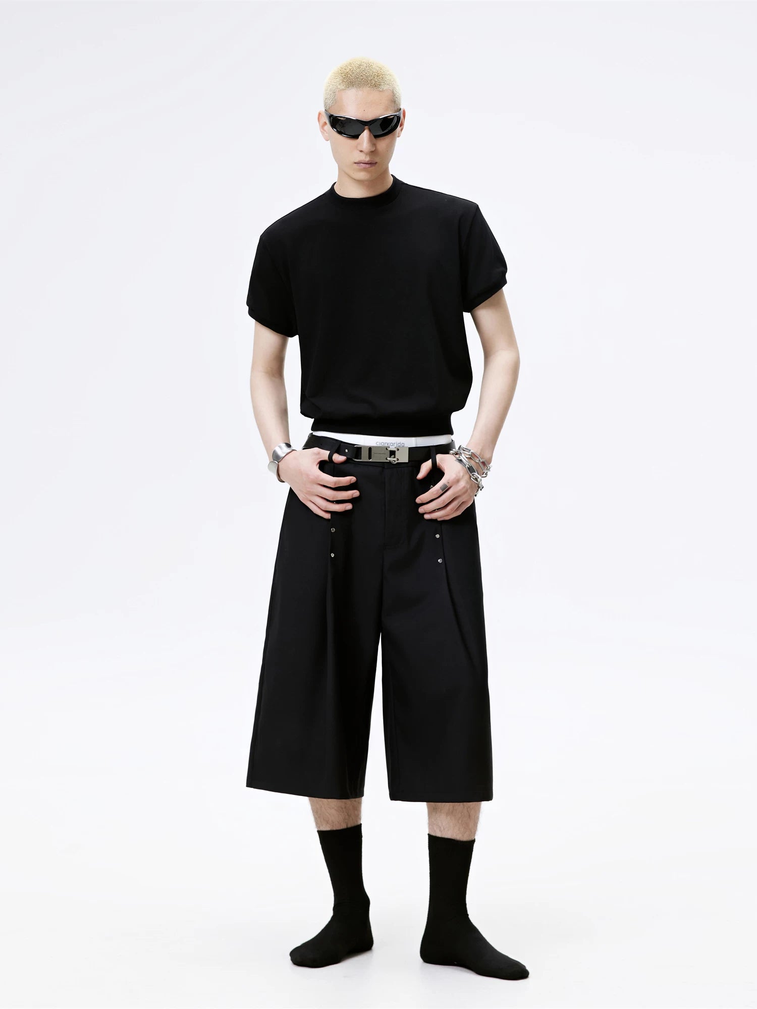 Metal Studded Pleated Wide Leg Shorts