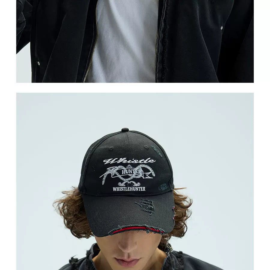 Long Brim Red Embroidered Distressed Cap