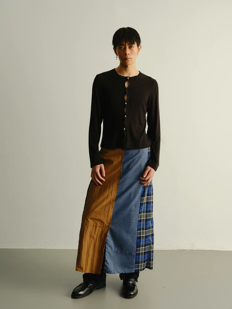 Reversible Pleated Frayed Plaid Denim Skort
