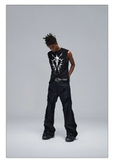 Stretchy Black Printed Ribbed Tank Top