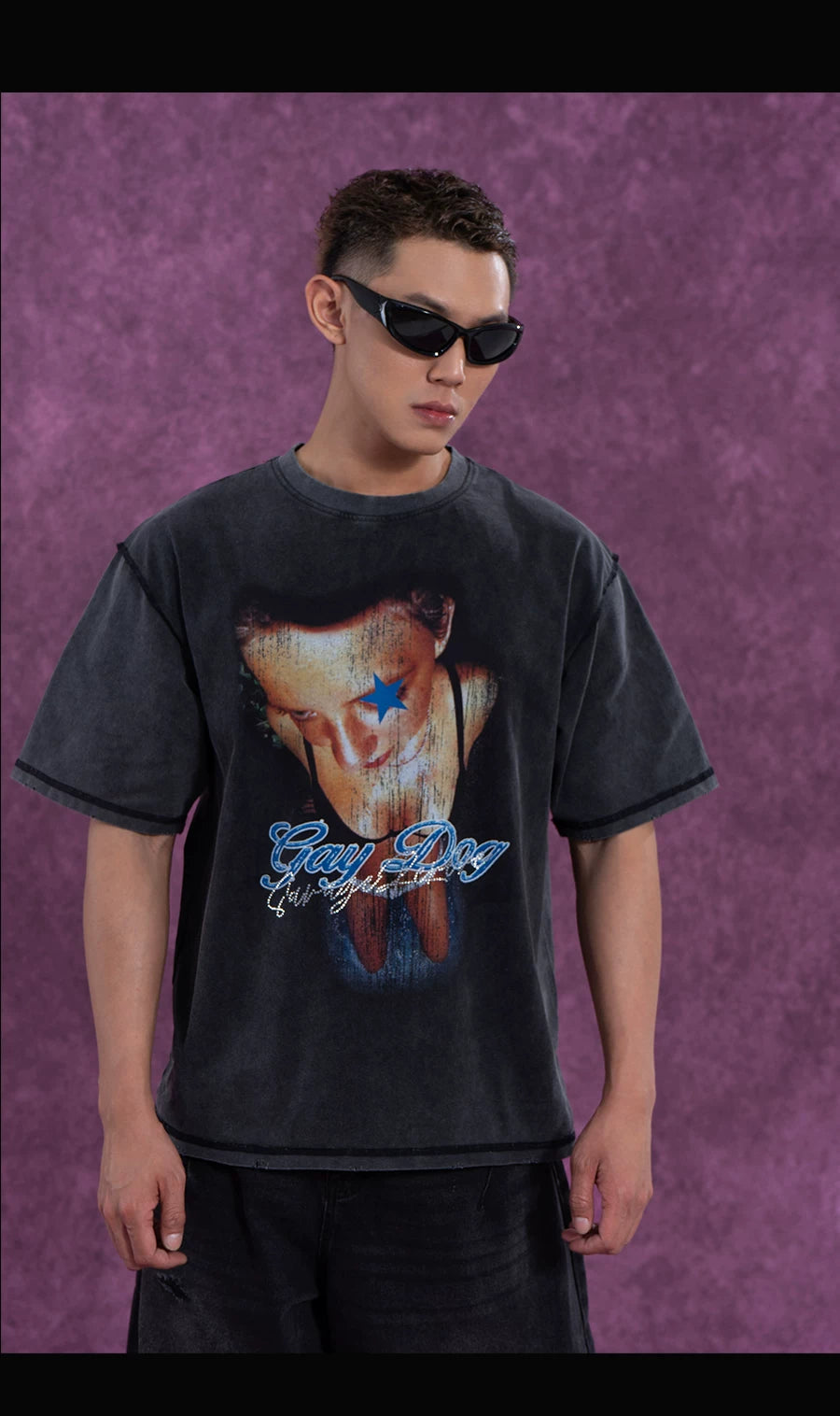 Gray Distressed Rhinestone Print Men's Tee