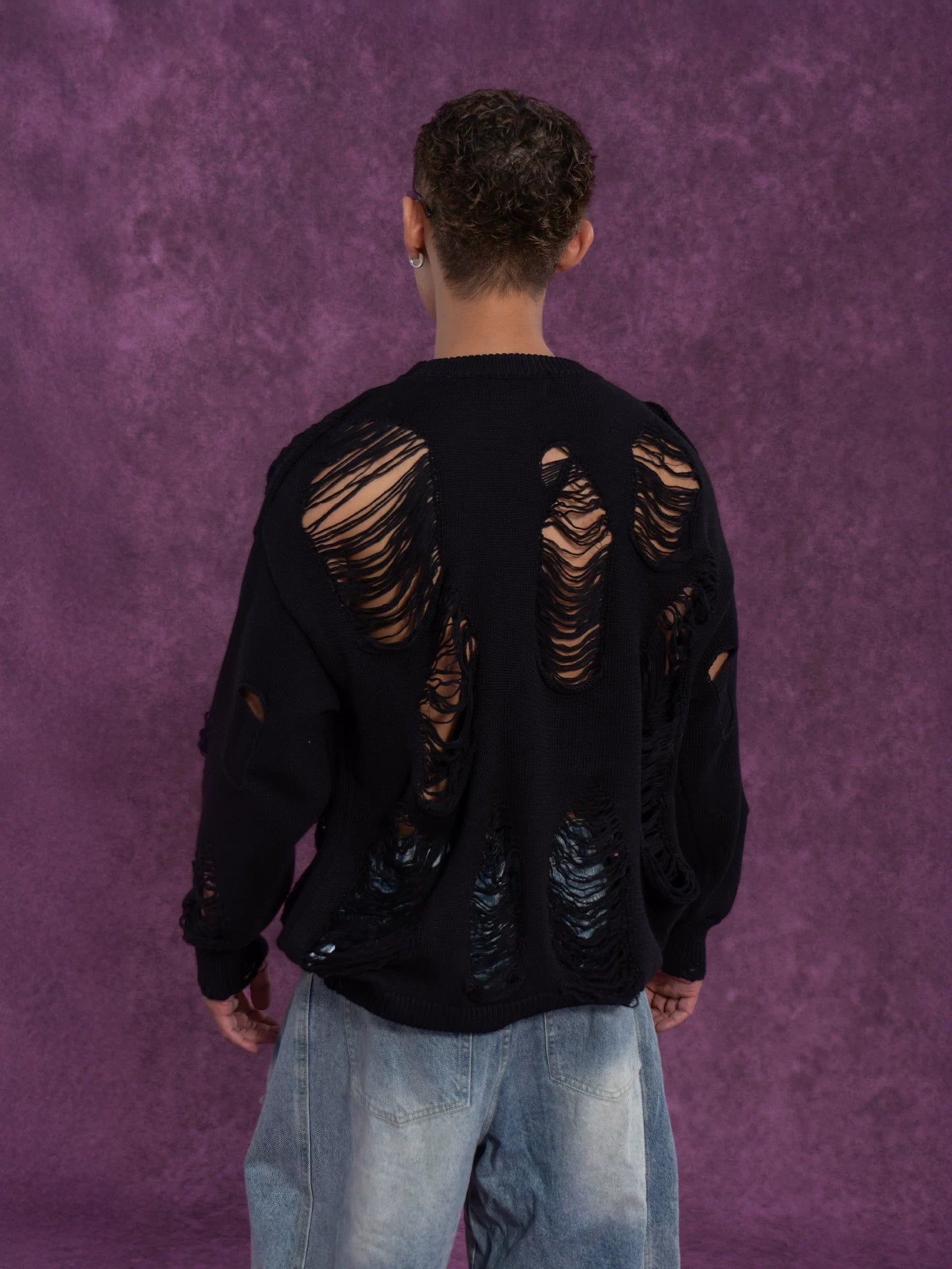 Black White Ripped Cutout Knit Sweater