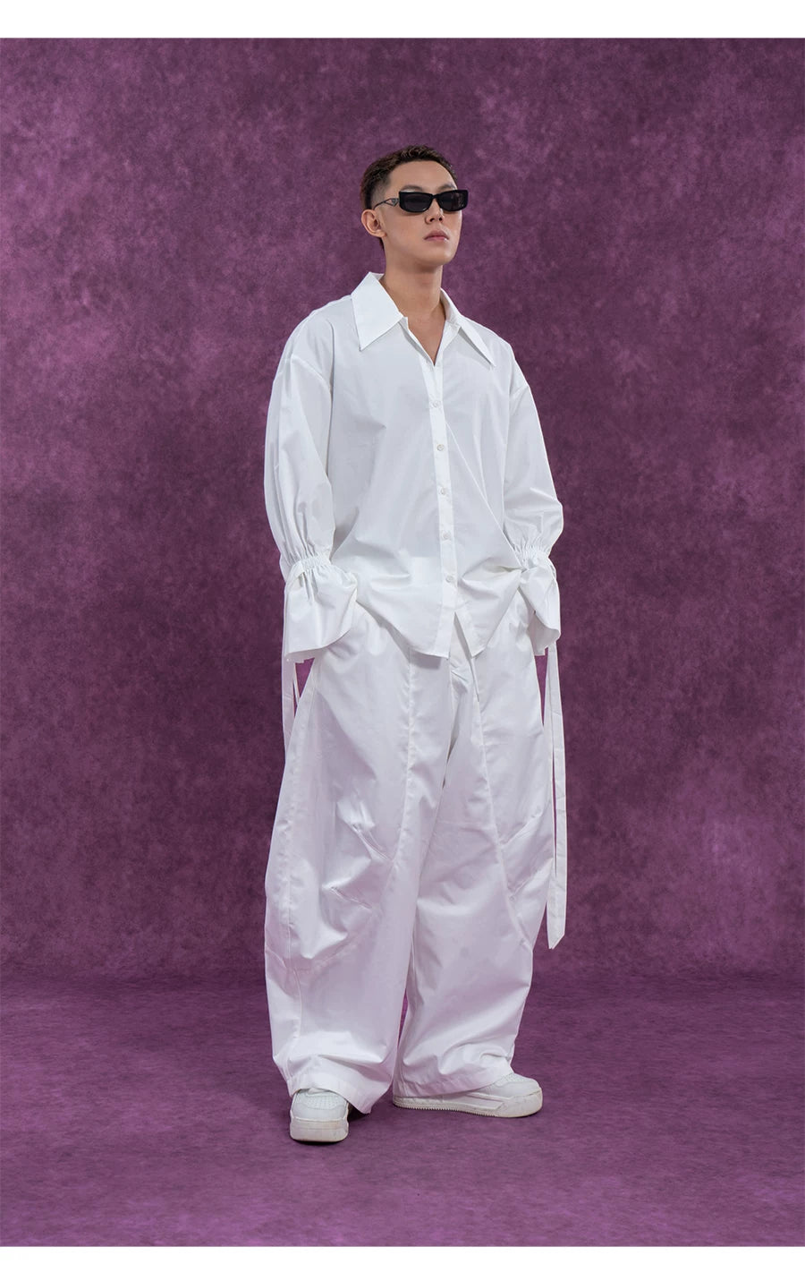 Men's Long-Sleeve Black-and-White Ruffled Sash Shirt