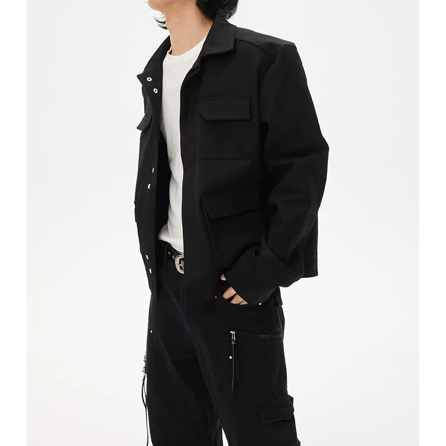 Two-Tone Cropped Lace Pocket Magnetic Jacket