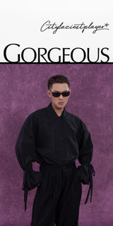 Men's Long-Sleeve Black-and-White Ruffled Sash Shirt