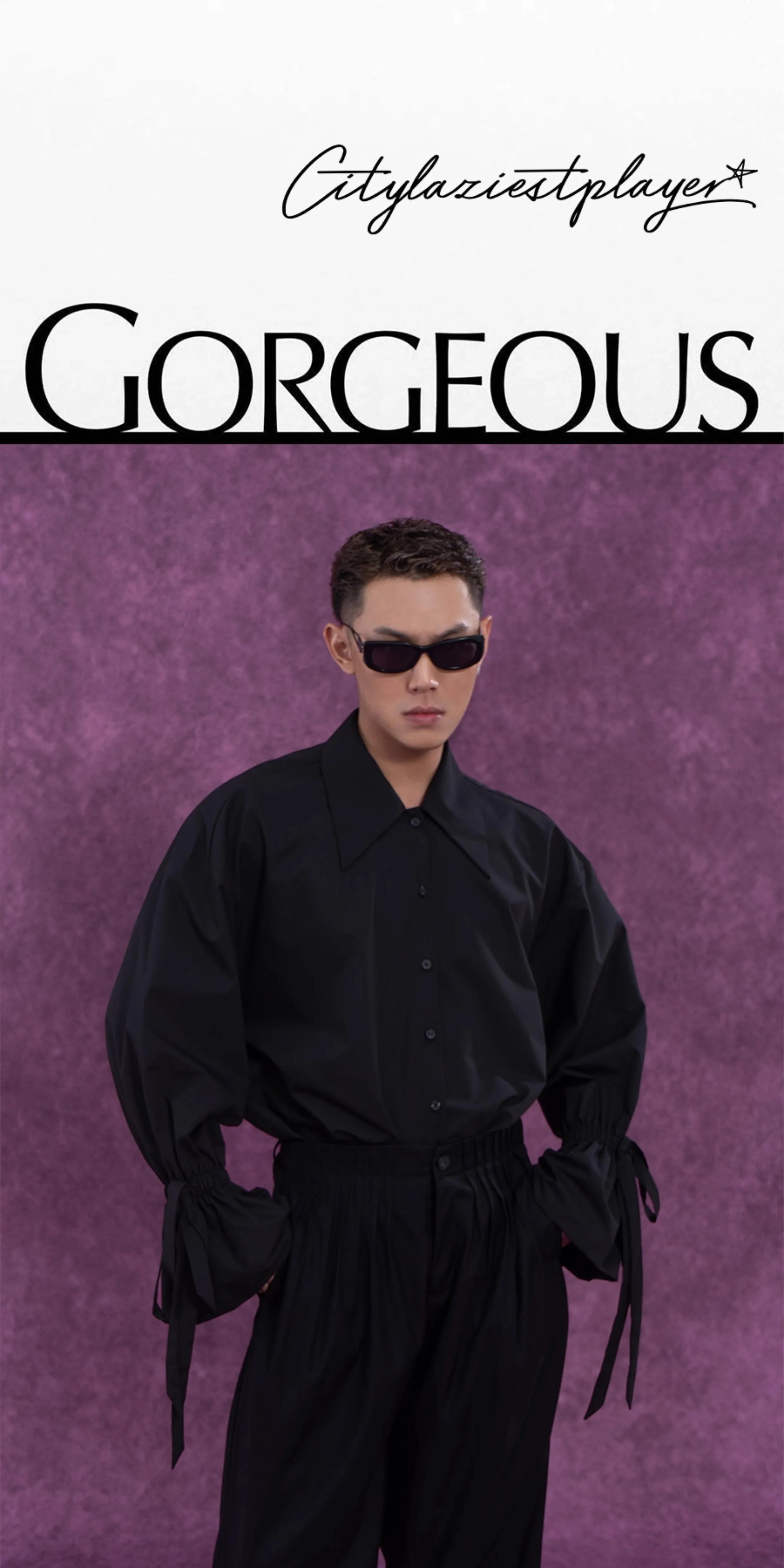 Men's Long-Sleeve Black-and-White Ruffled Sash Shirt