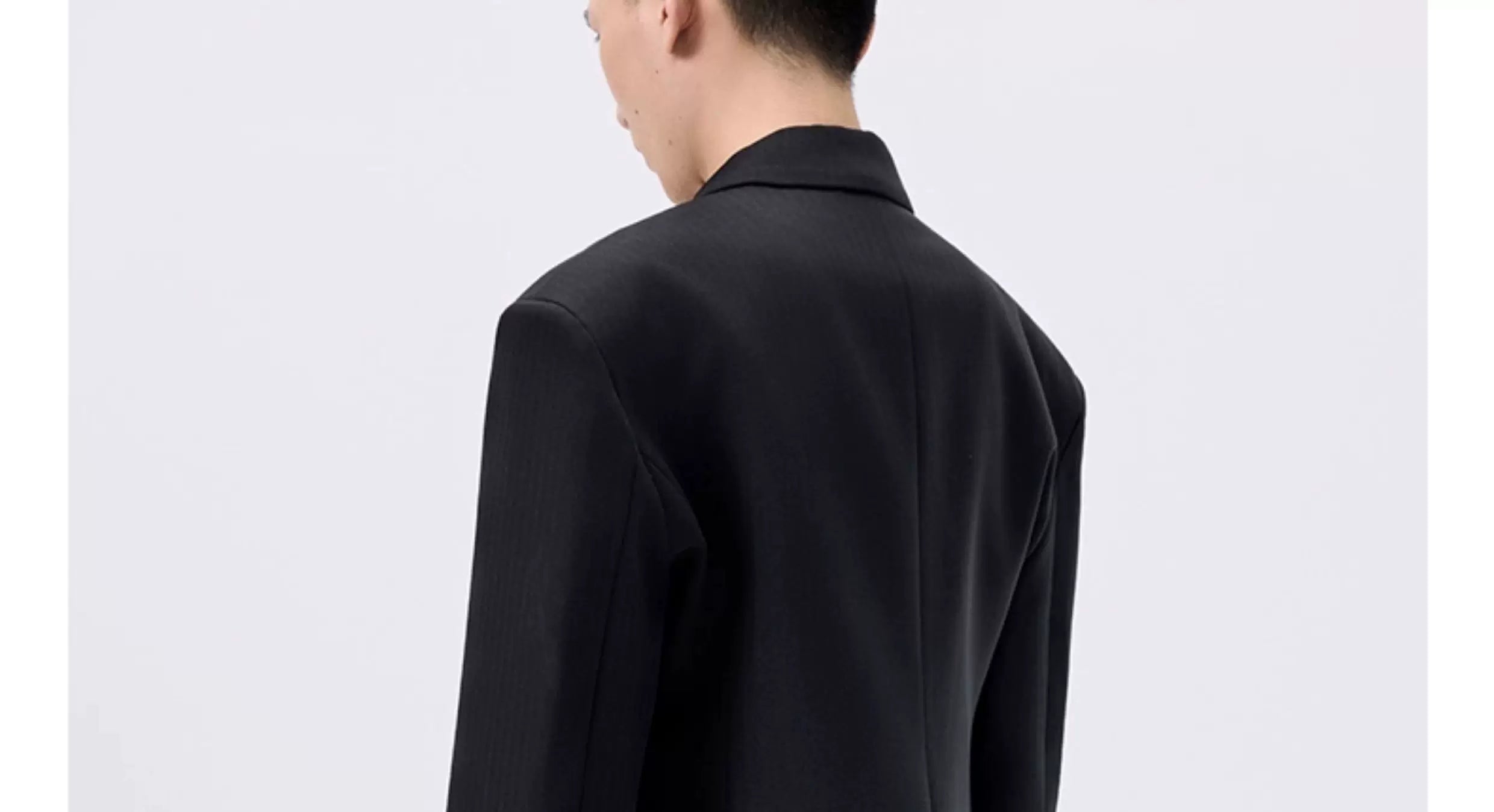 Black Waist-cinched Wide-shoulder Herringbone Blazer