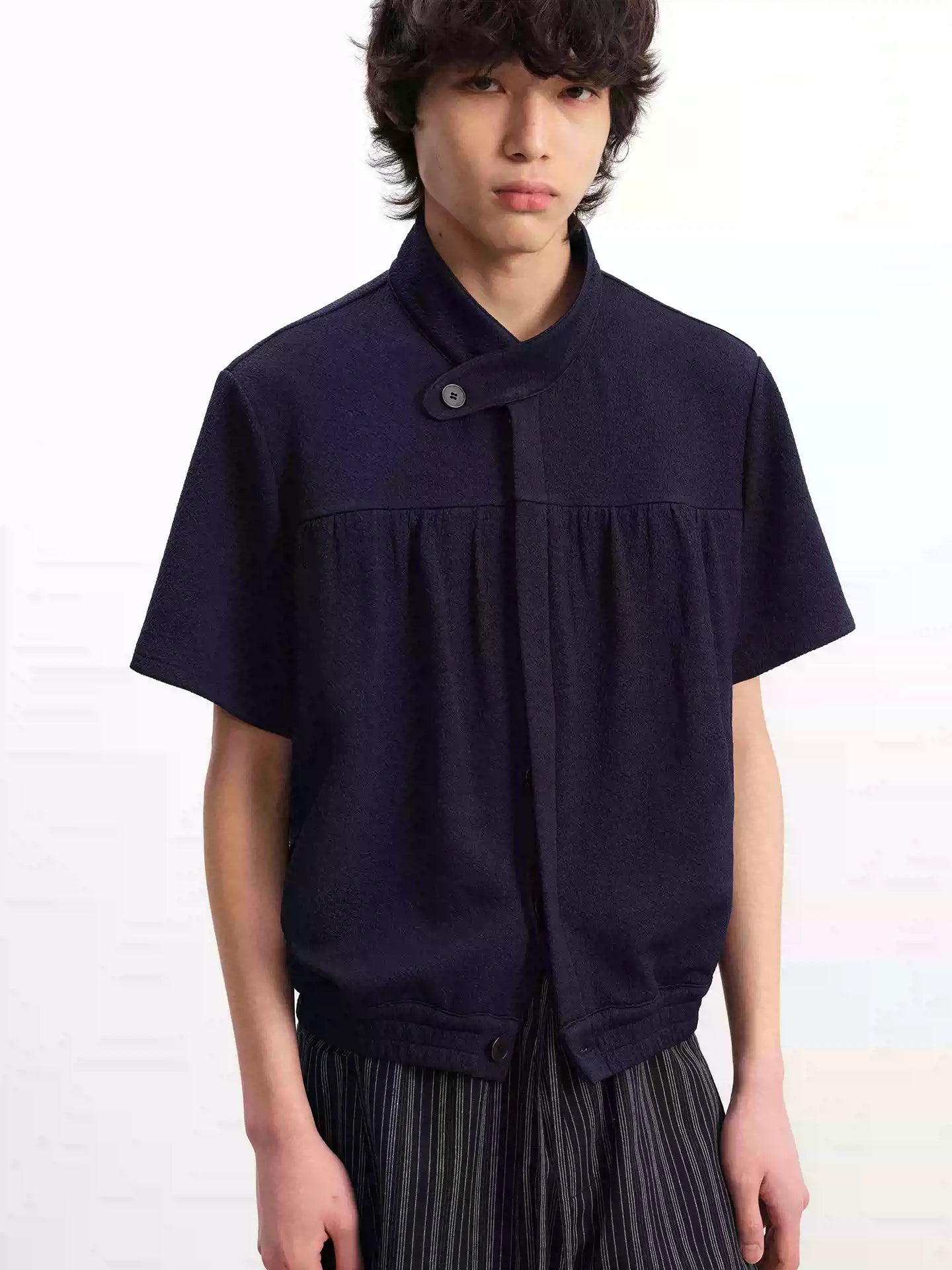 Navy Blue Pleated Short Sleeve Shirt