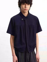 Navy Blue Pleated Short Sleeve Shirt