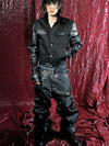 Black Wide-Leg Sanskrit Embroidered Leather Pants