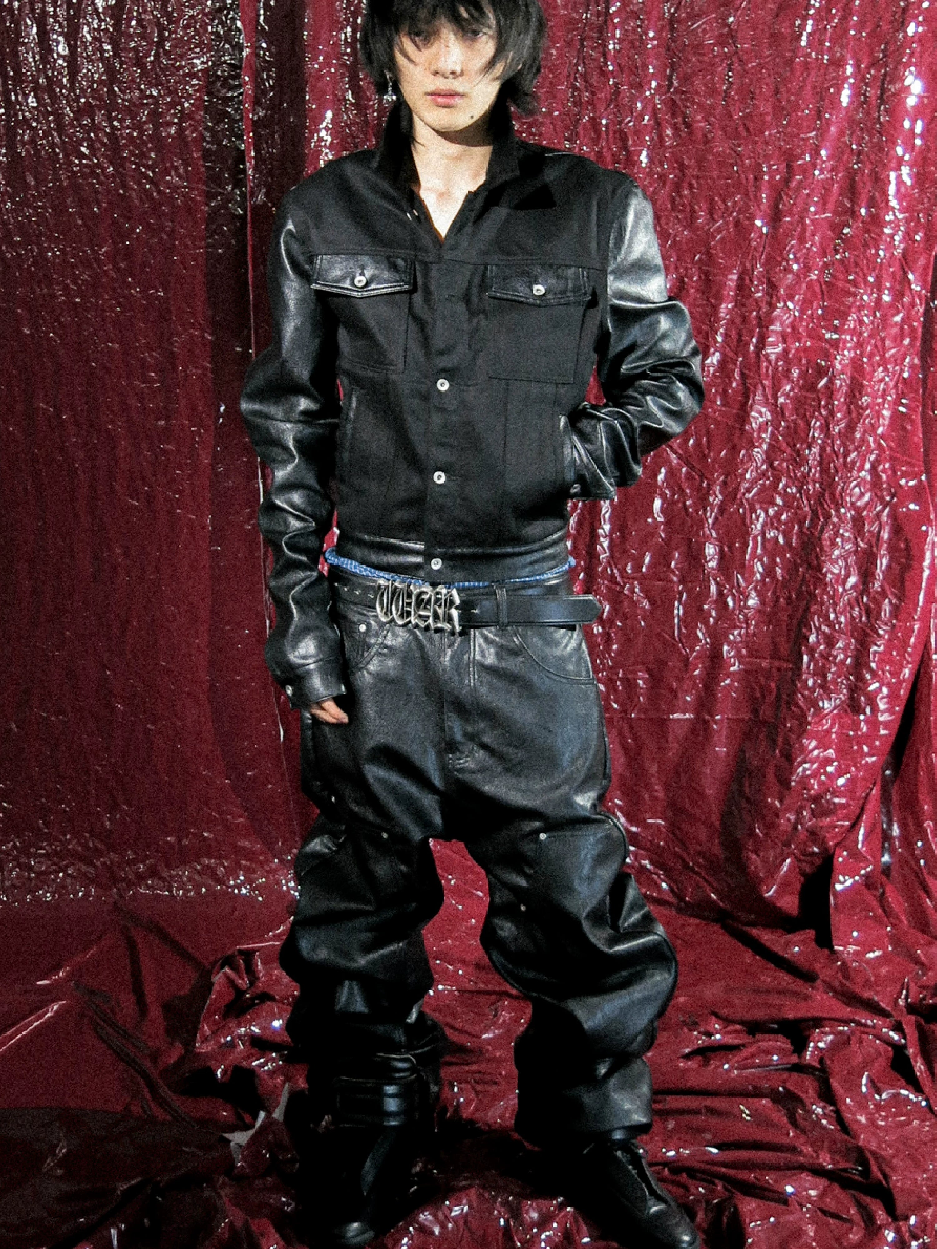 Black Wide-Leg Sanskrit Embroidered Leather Pants