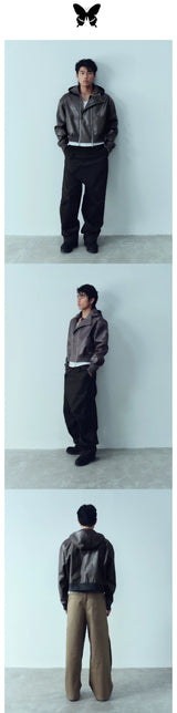 Double Zip Hooded Cropped Leather Jacket