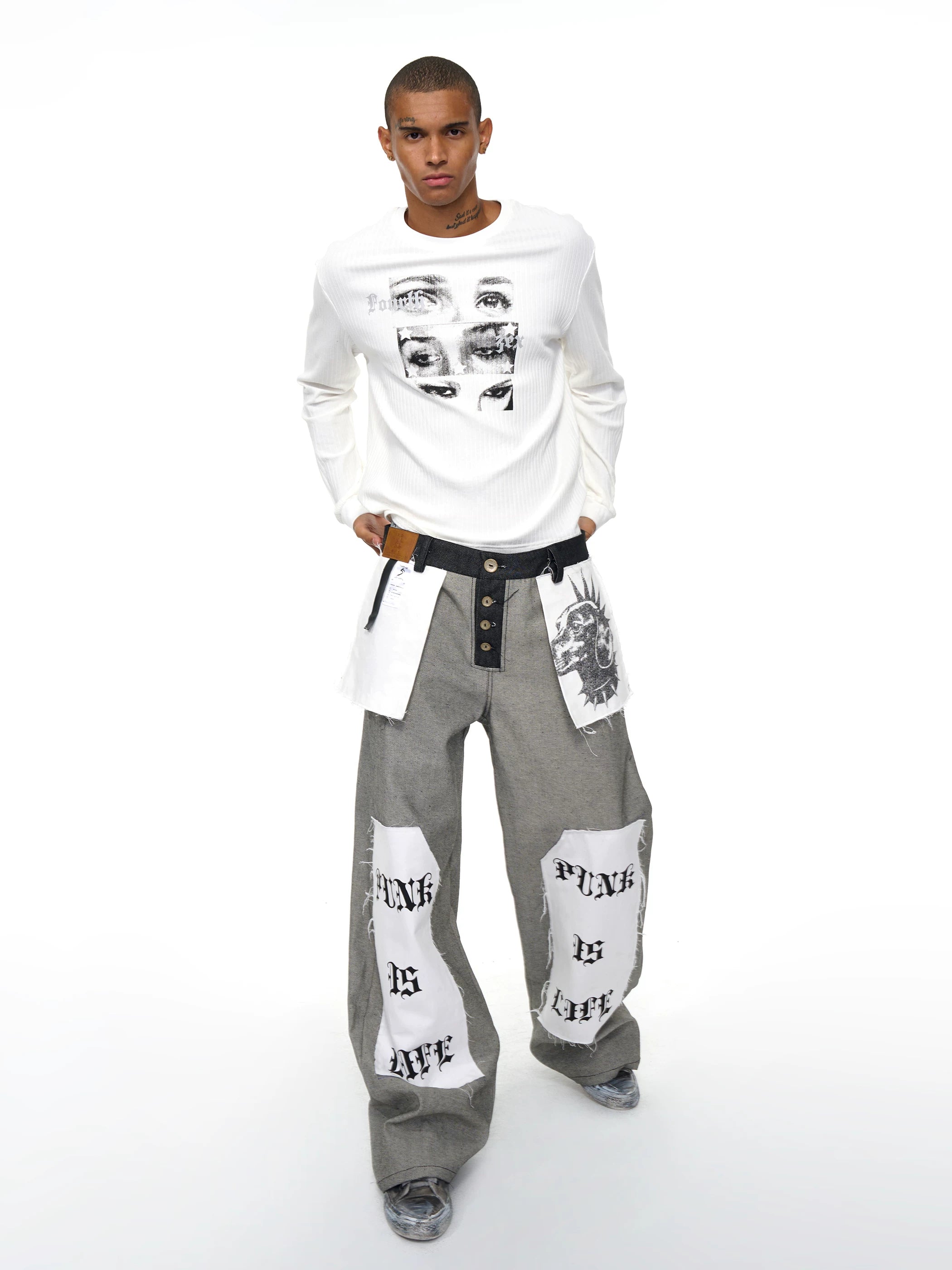 Men's White Eye Print Knit Sweatshirt