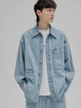 14Oz Washed Denim Asymmetric-Pocket Shirt Jacket