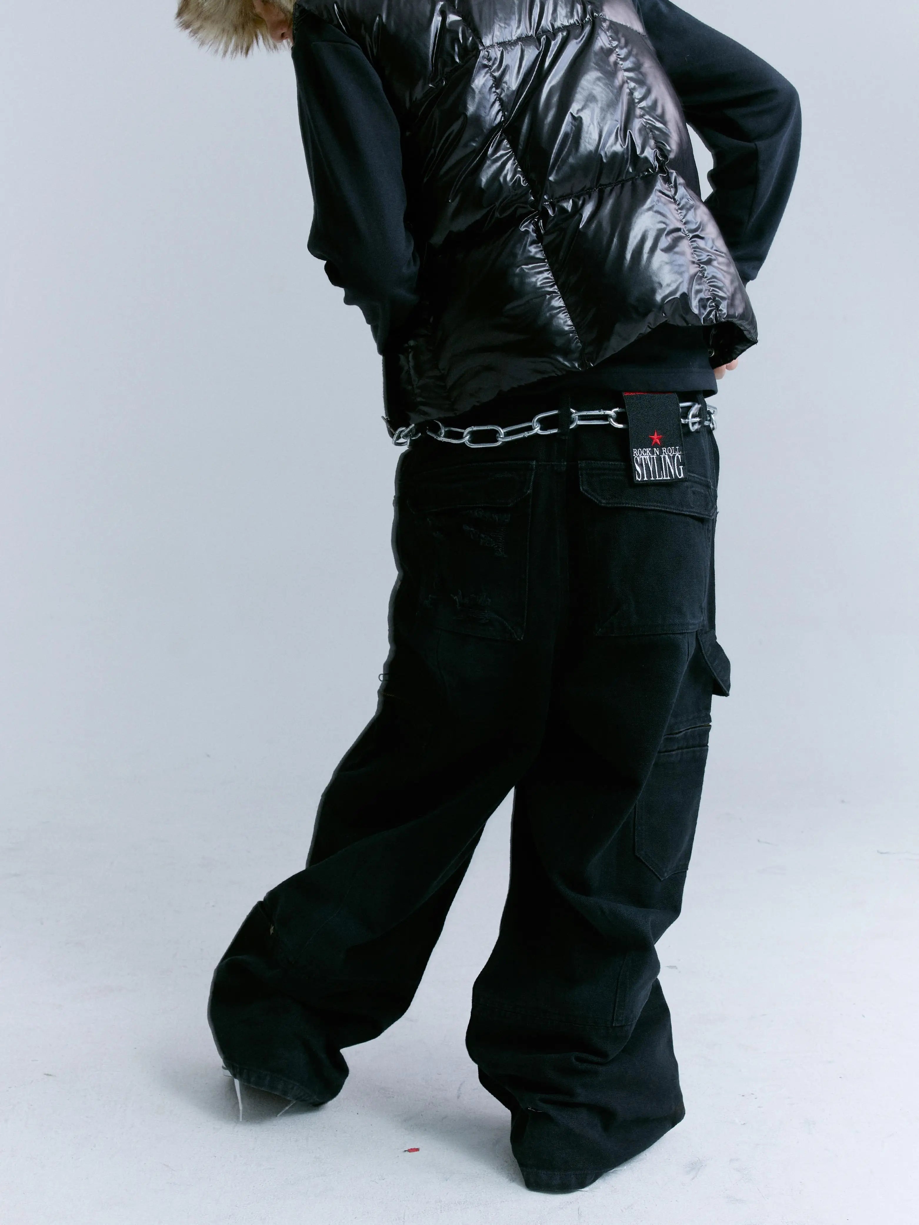 Black Distressed Knee Multi-Pocket Cargo Pants