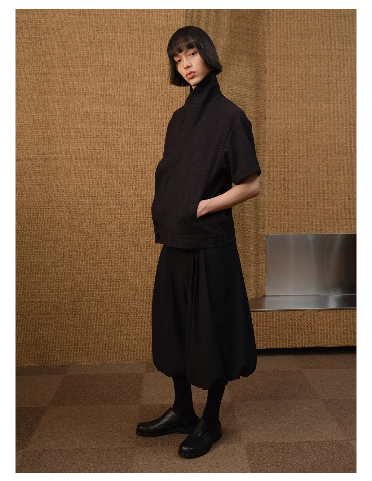 Black Pleated Leaf Jacquard Cropped Skort