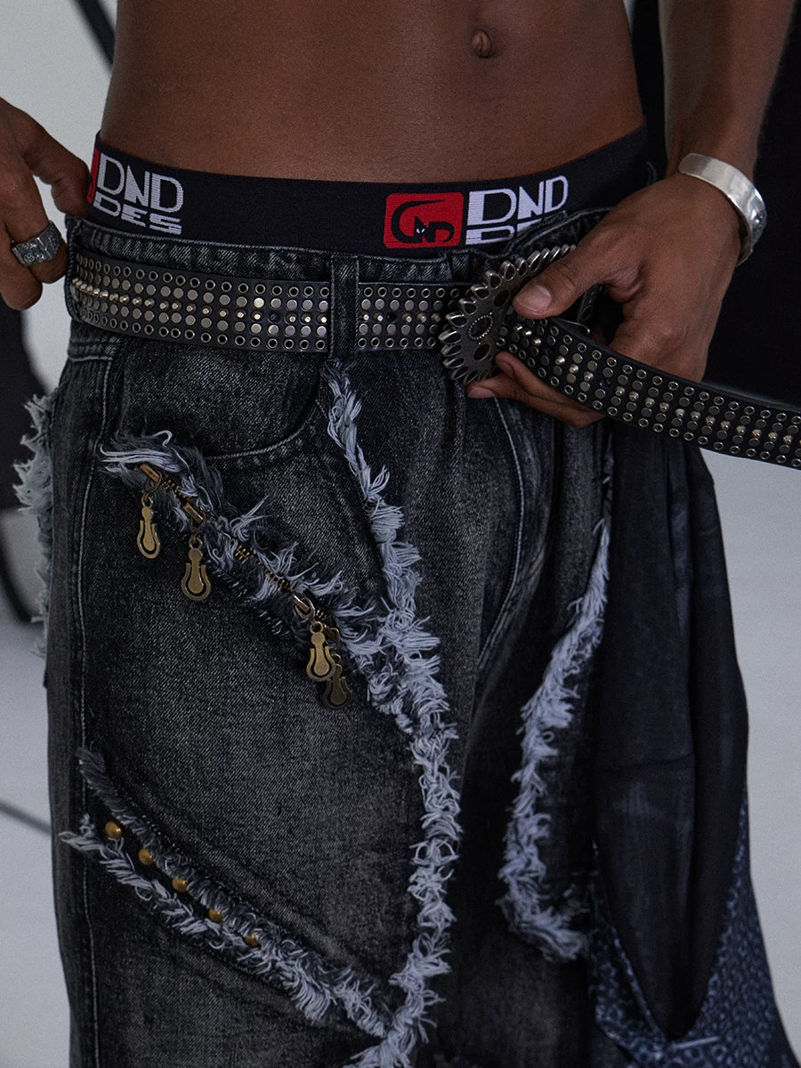 Fringed Ripped Washed Straight Jeans