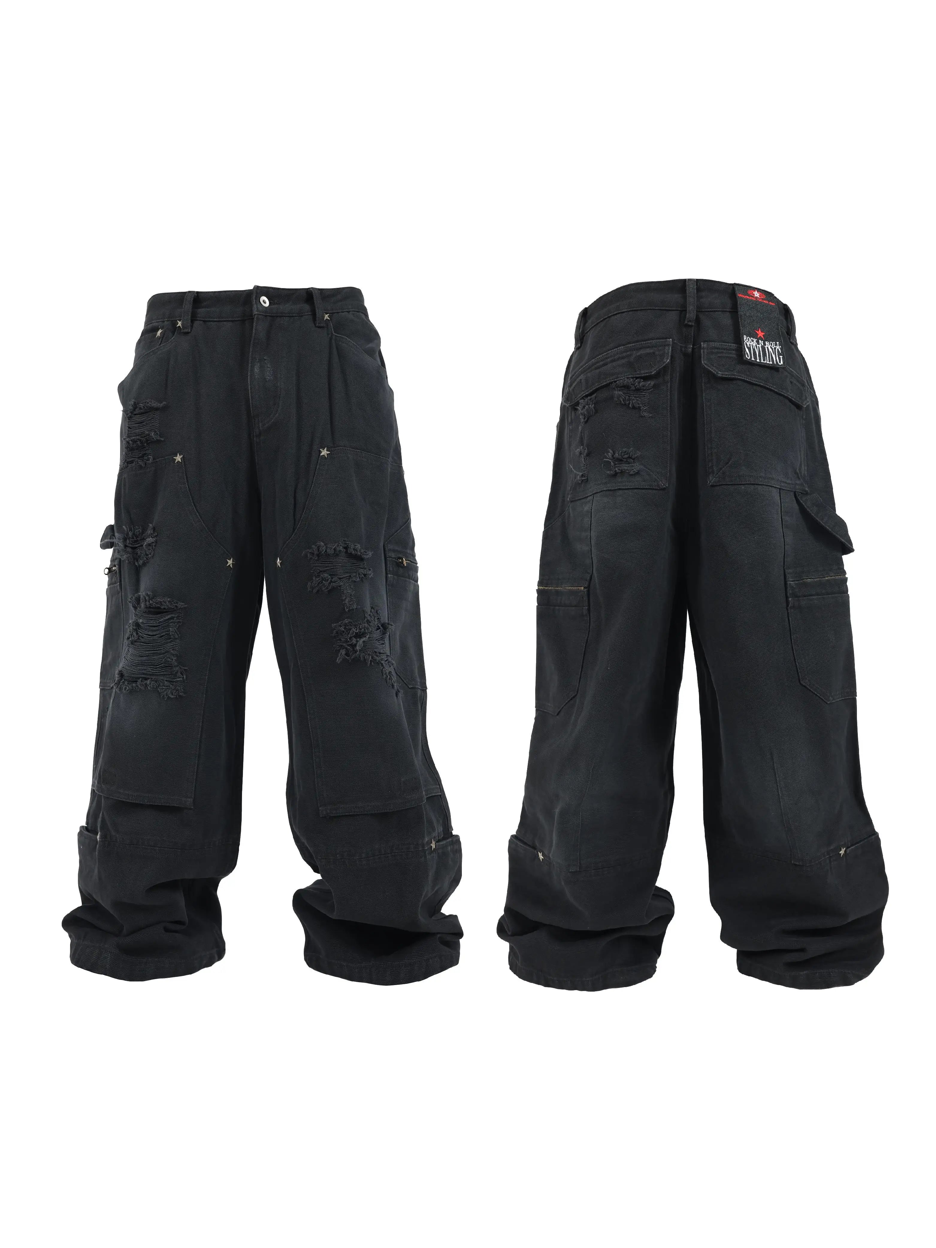 Black Distressed Knee Multi-Pocket Cargo Pants