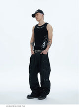 Asymmetric Pleated Studded Raw Denim Jeans