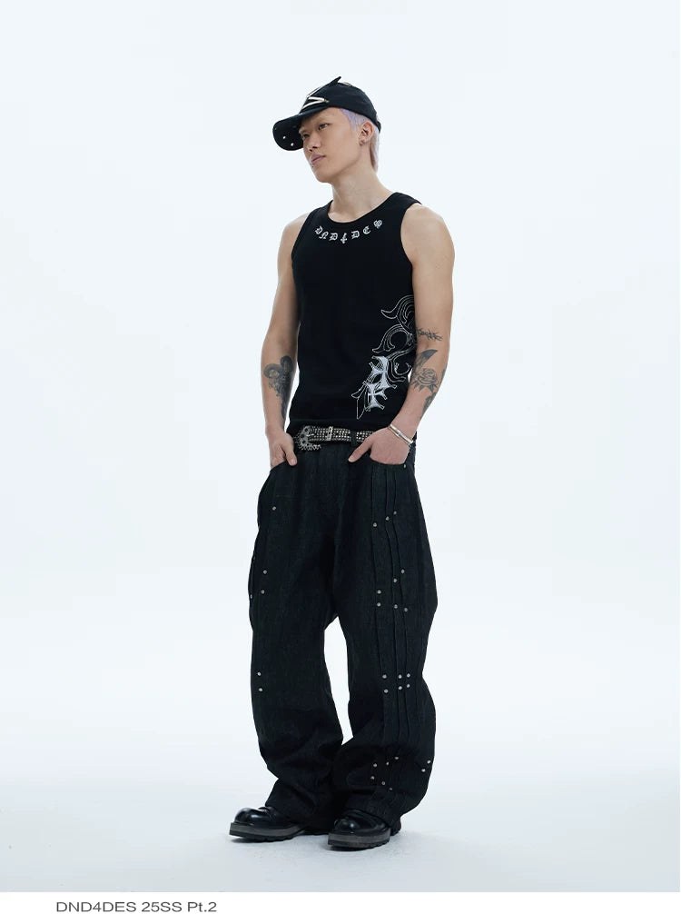 Asymmetric Pleated Studded Raw Denim Jeans