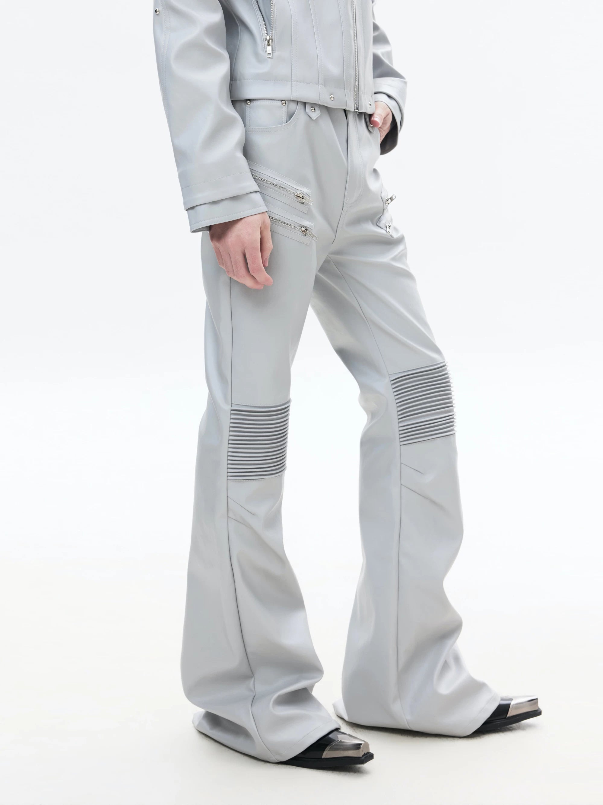 Multi-Zip Coated Moto Leather Flare Pants