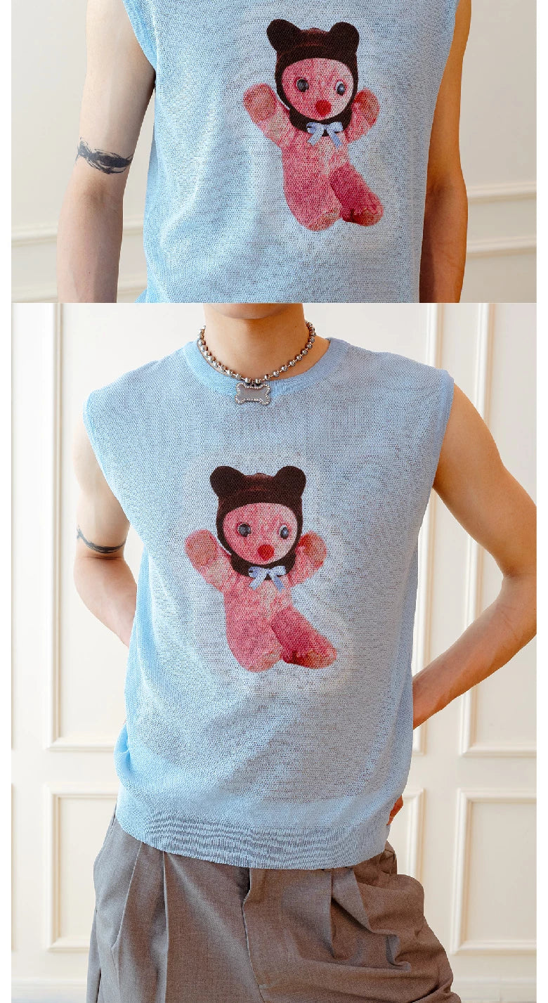 Sleeveless Vintage Bear Print Knit Top