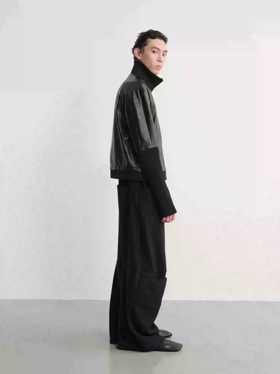 Black Ribbed Cuff Faux Leather Jacket