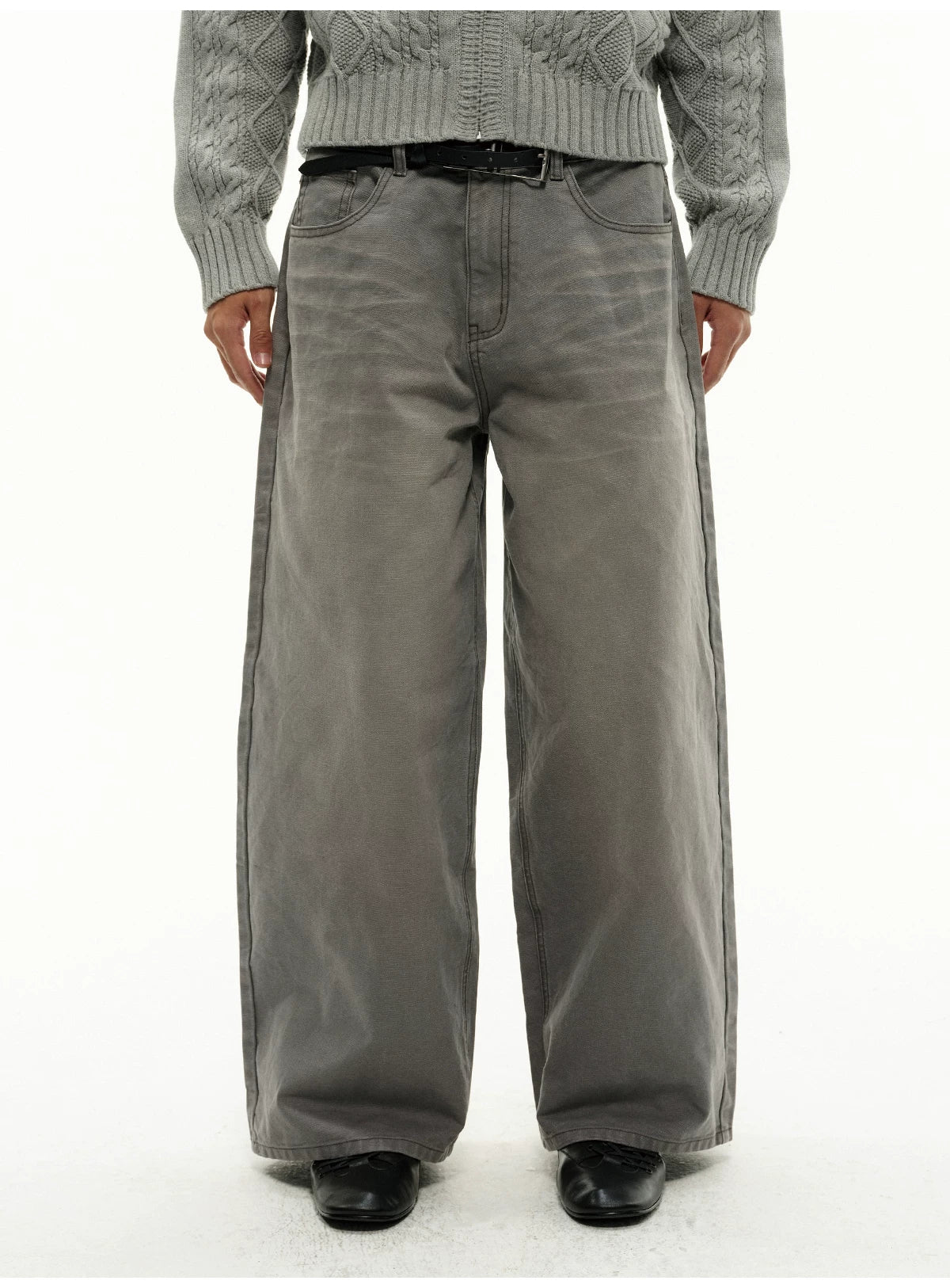 13Oz Sun-Washed Gray Distressed Wide-Leg Jeans