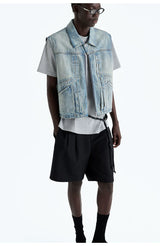 Heavy Distressed Denim Square-Collar Crop-Zip Vest
