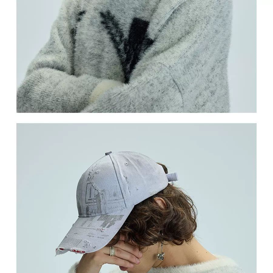 White Distressed Printed Long Brim Cap