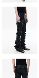 Slim Curved Leather Pants with Zippers