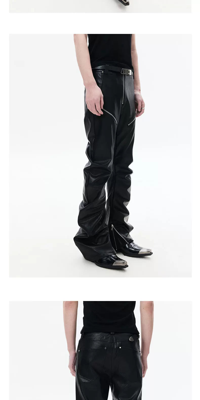 Slim Curved Leather Pants with Zippers