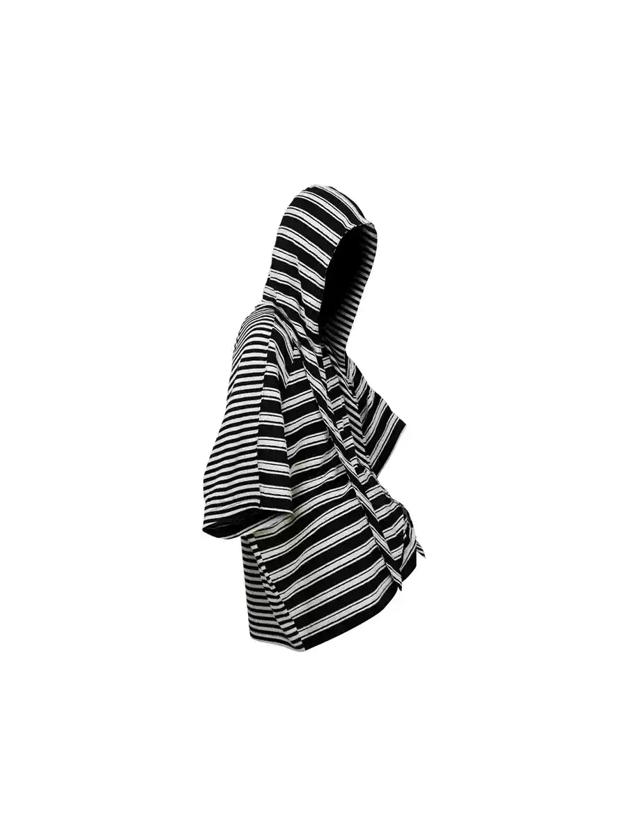 Striped Short-sleeve Detachable Hood Wool-lyocell Tee