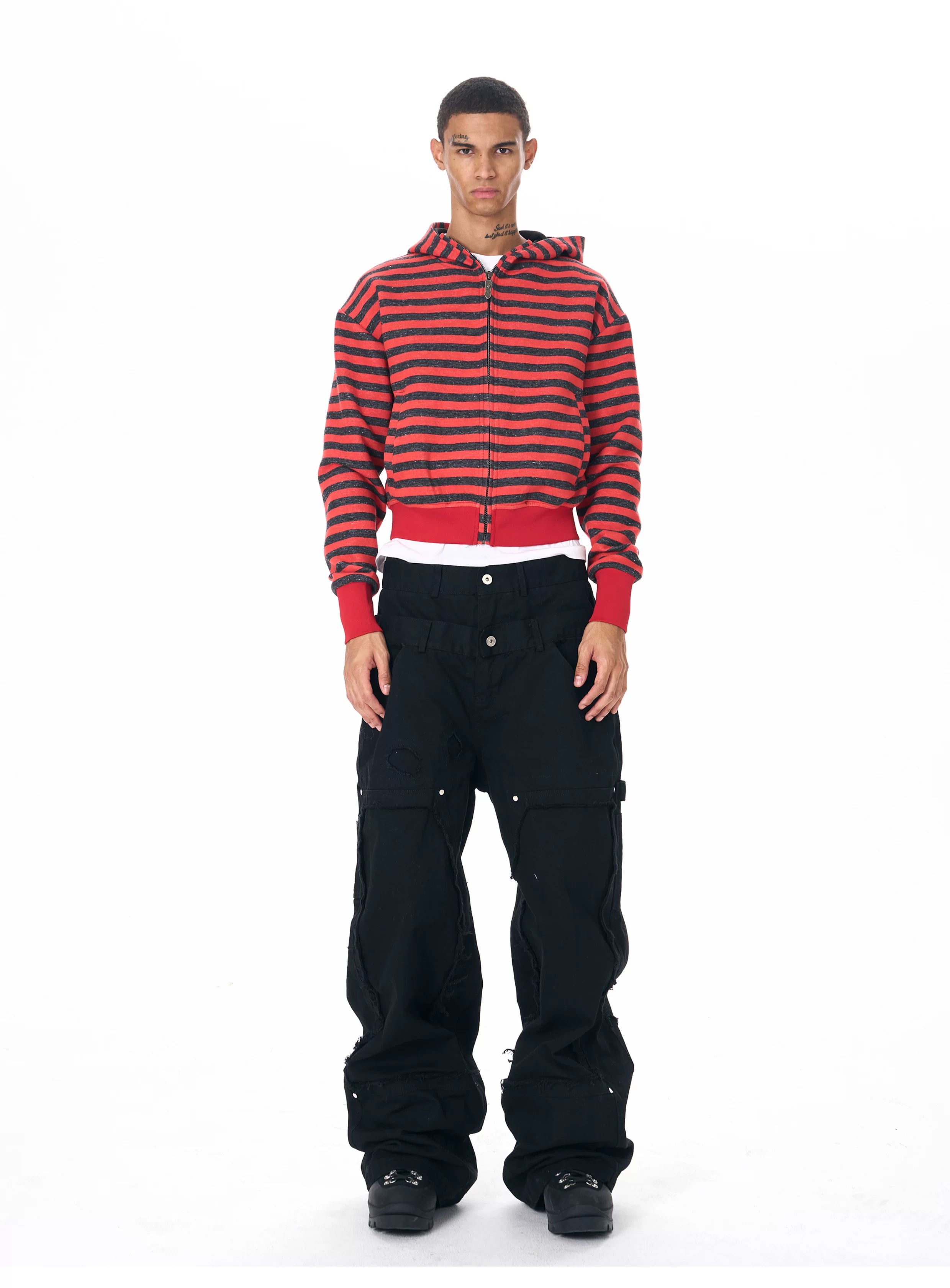 Men's Crop Motor Embroidered Striped Hoodie