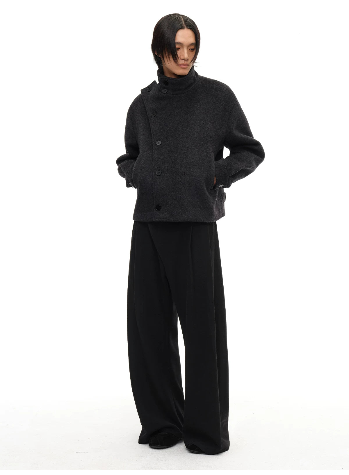 Collared Buttoned Adjustable Waist Wool Jacket